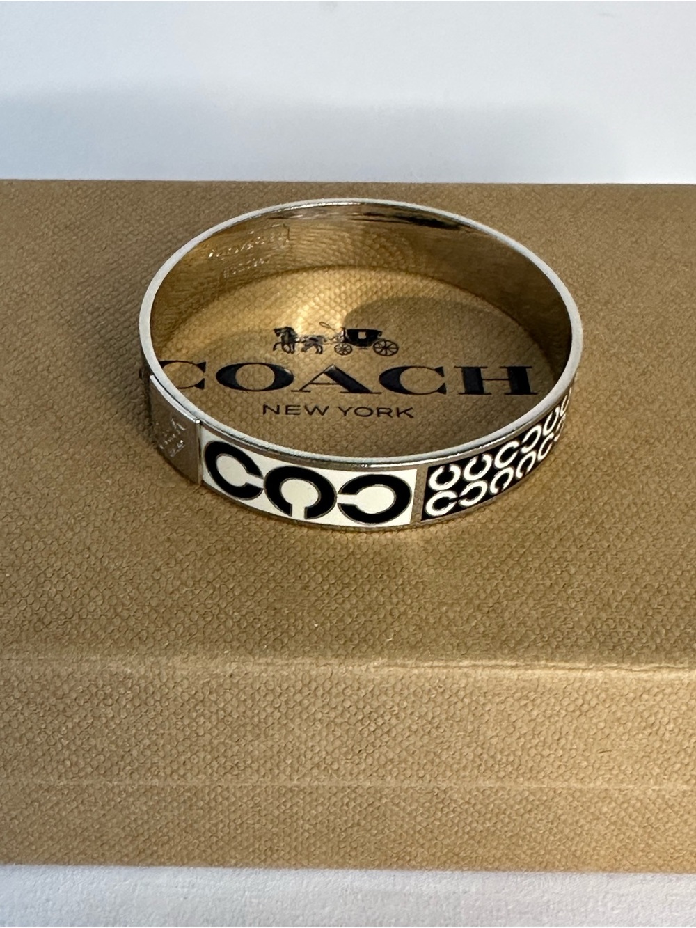 COACH Silver-Tone Black Chunky Enamel Signature 'C' Bangle Bracelet